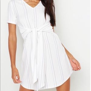 Stripe Tie Waist Curve Hem Shift Dress